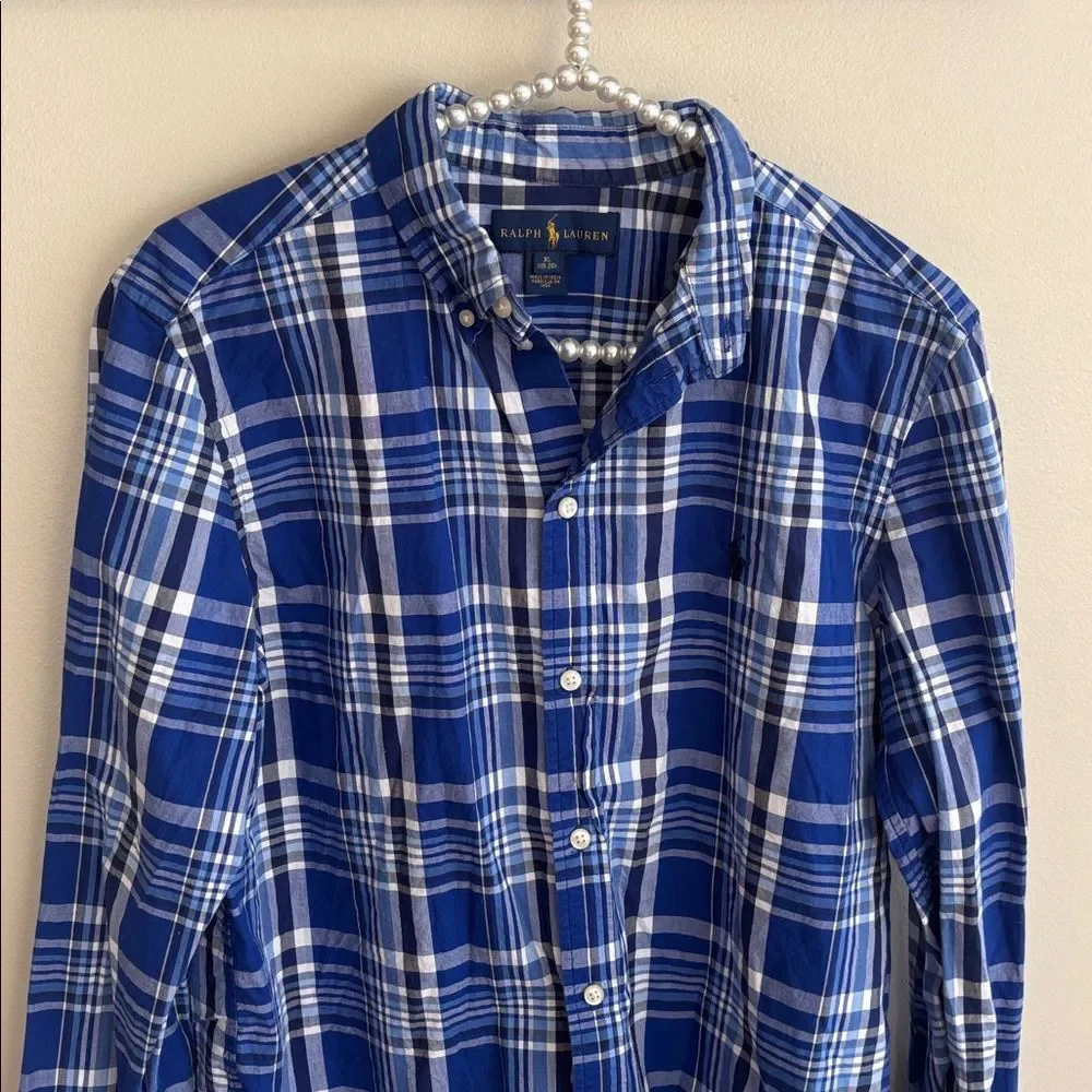 Ralph Lauren boys Blue and White Plaid button down  Shirt size xl
